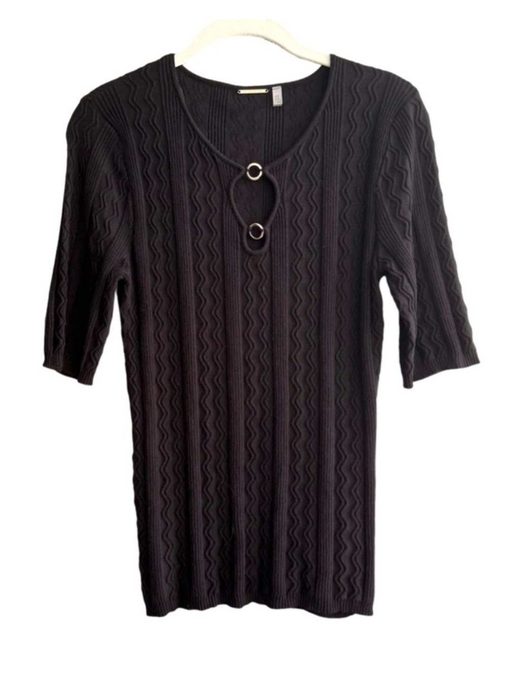 Elie Tahari Short Sleeve Sweater Top Black Keyhole Neckline Black Size M